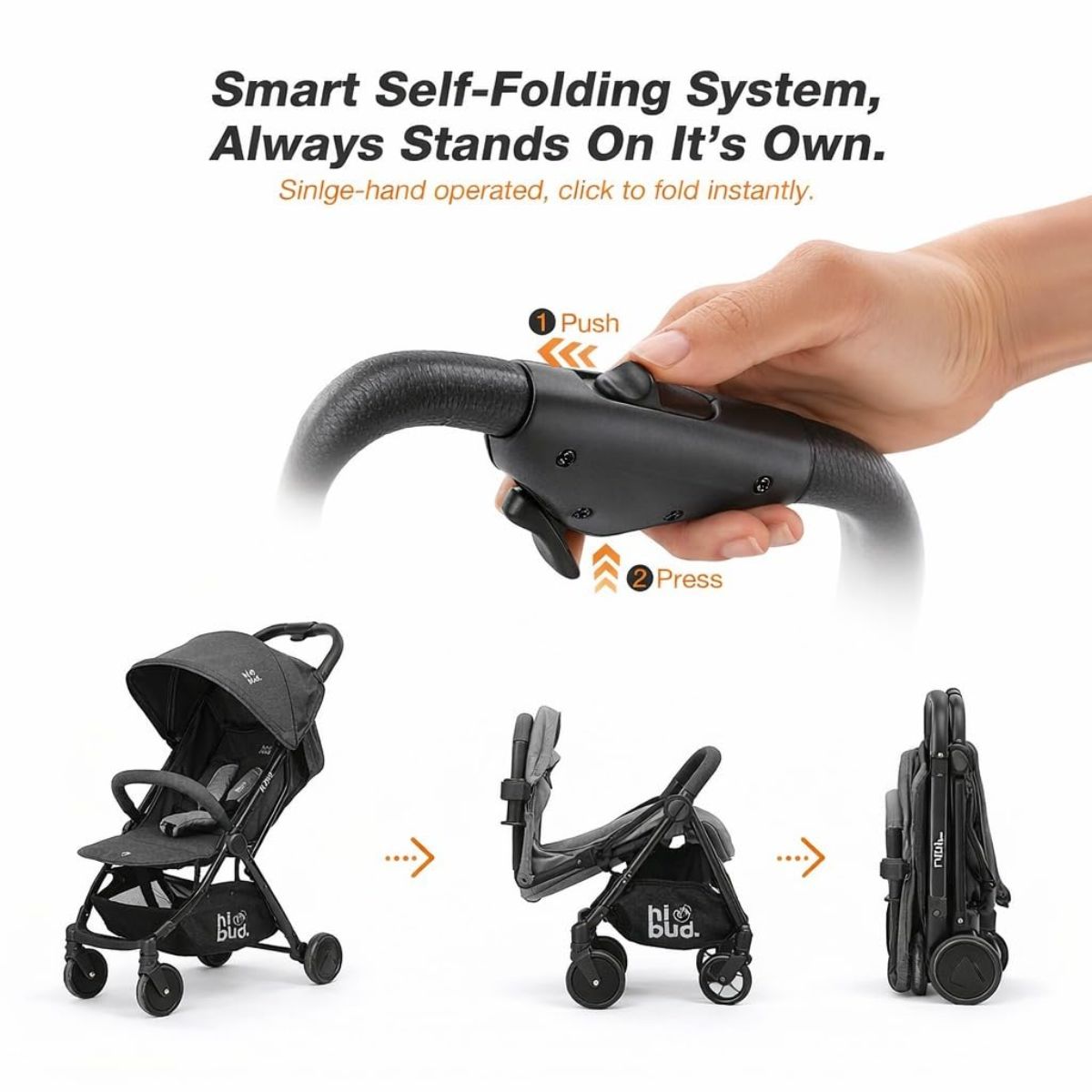 HIBUD FLOW Ultra-Compact Travel Stroller - Grey - Automatic One-Hand Fold
